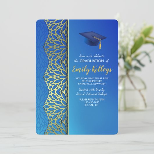 Gold en Blue Afstuderen Invitation Kaart (Staand voorkant)