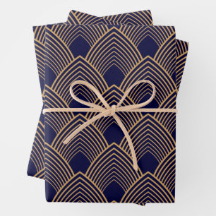 Gold en Blue Art Deco Pattern Inpakpapier Vel