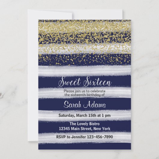 Gold en Blue Birthday Invitation Kaart (Voorkant)