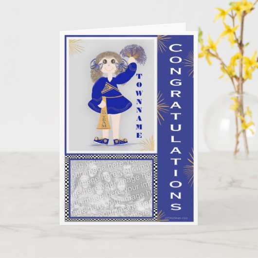 Gold en Blue Cheerleader Gefeliciteerd Kaart (Gele Bloem)