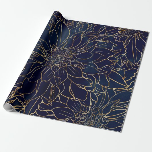 Gold en Blue Dahlia Flower Cadeaupapier (Uitgerold)