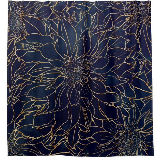 Gold en Blue Dahlia Flower Douchegordijn (Voorkant)