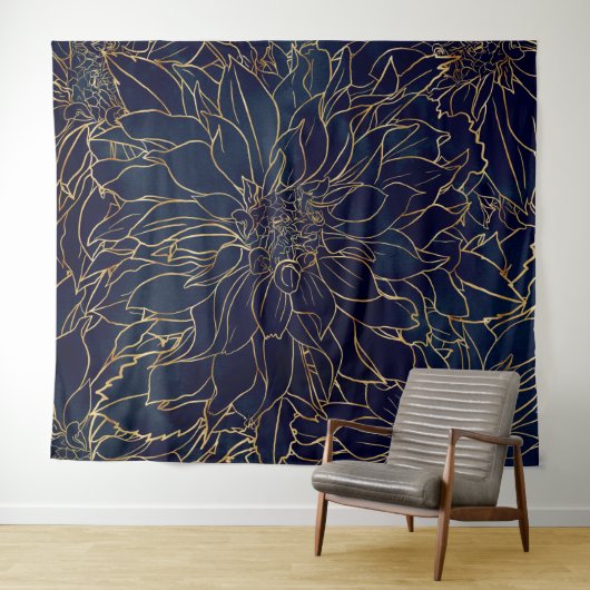 Gold en Blue Dahlia Flower Wandkleed (In Situ (horizontaal))