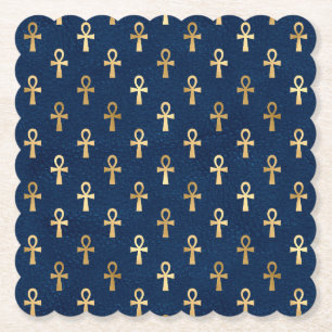 Gold en Blue Egyptian Ankh Pattern Kartonnen Onderzetters