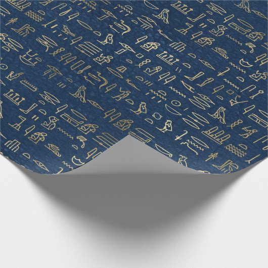 Gold en Blue Egyptian Hieroglyphs Pattern Cadeaupapier (Hoek)