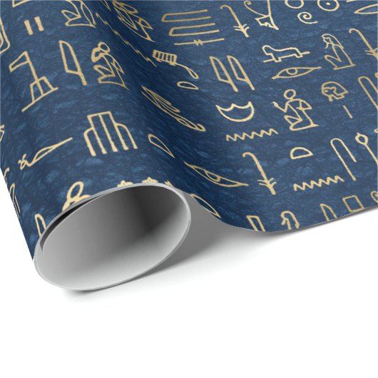 Gold en Blue Egyptian Hieroglyphs Pattern Cadeaupapier (Rol Hoek)