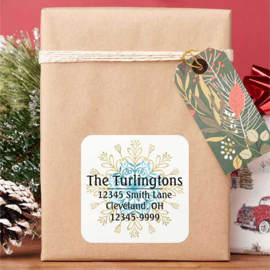 Gold en Blue Handmade Snowflake Return Address Vierkante Sticker (Feestdagen)