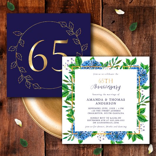 Gold en Blue Hydrangea 65th Wedding Jubileum Kaart