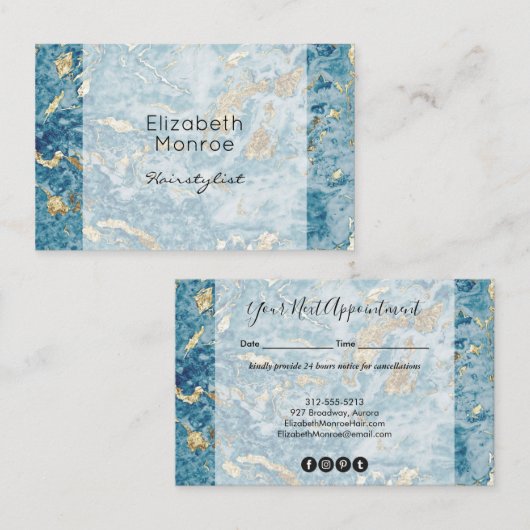 Gold en Blue Marble Appointment Card Afsprakenkaartje (Voorkant / Achterkant)