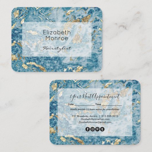 Gold en Blue Marble Hair Stylist Salon Makeup Afsprakenkaartje (Voorkant / Achterkant)