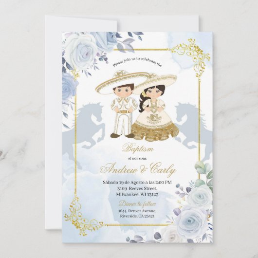 Gold en Blue Mexican Boy Girl Baptism Invitation Kaart (Voorkant)