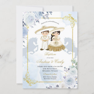 Gold en Blue Mexican Boy Girl Baptism Invitation Kaart