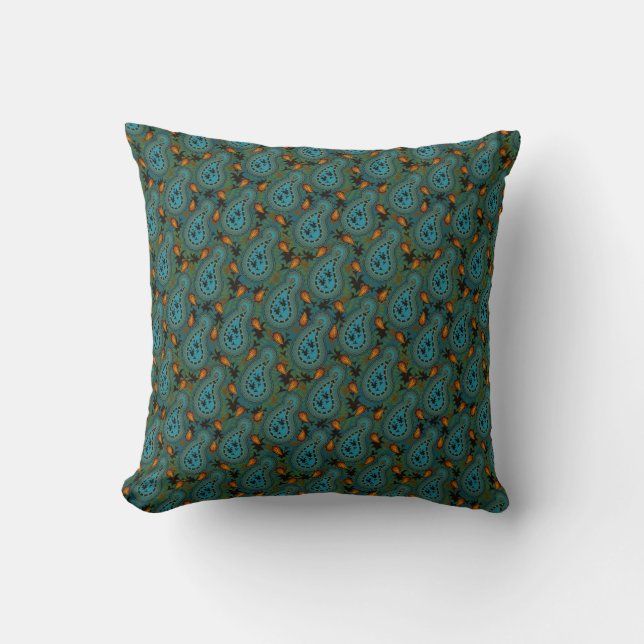 Gold en Blue Paisley Patterned Sierkussen (Voorkant)