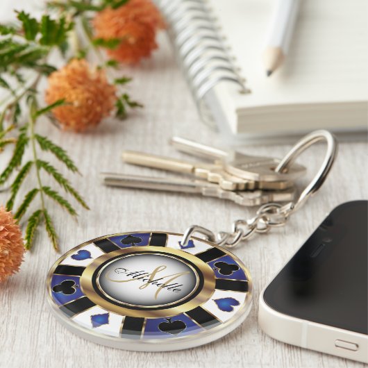 Gold- en Blue Poker-chipontwerp - Monogram Sleutelhanger (Voorkant Rechts)