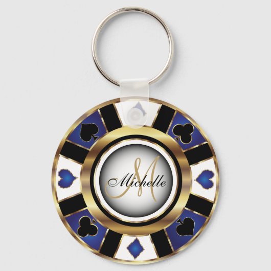 Gold- en Blue Poker-chipontwerp - Monogram Sleutelhanger (Voorkant)