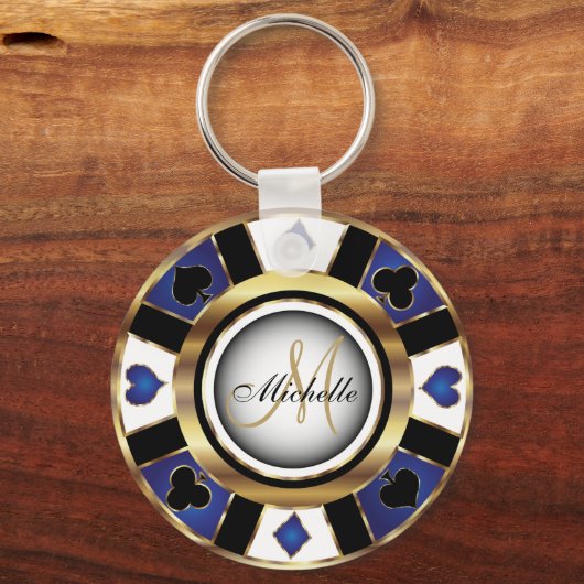 Gold- en Blue Poker-chipontwerp - Monogram Sleutelhanger (Voorkant)