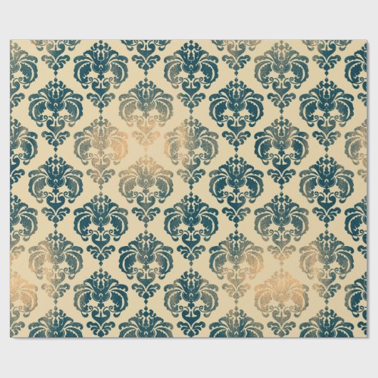 Gold en  Blue Rustic Modern Glam Damask Cadeaupapier (Vlak)