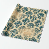 Gold en  Blue Rustic Modern Glam Damask Cadeaupapier (Uitgerold)