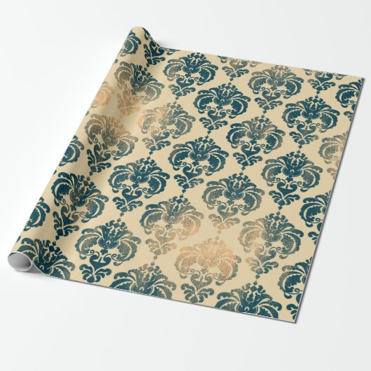 Gold en  Blue Rustic Modern Glam Damask Cadeaupapier (Uitgerold)