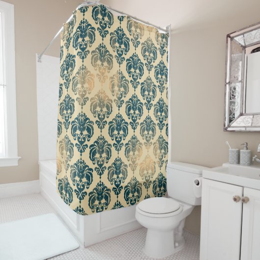 Gold en  Blue Rustic Modern Glam Damask Douchegordijn (In situ)