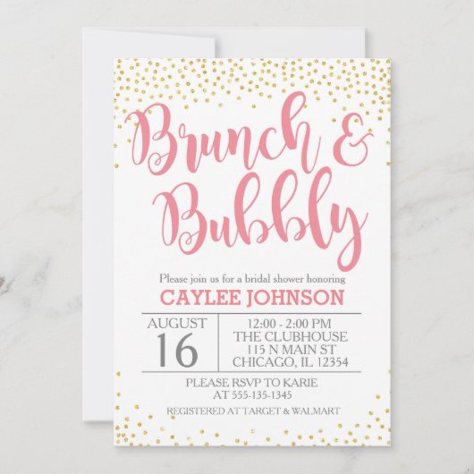 Gold en Blush Brunch en Bubble Shower Invitation Kaart (Voorkant)