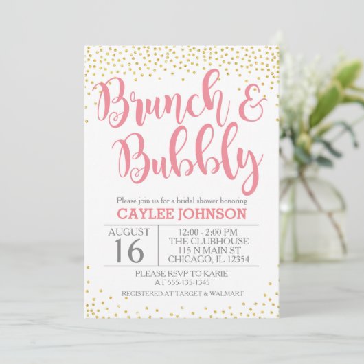 Gold en Blush Brunch en Bubble Shower Invitation Kaart (Staand voorkant)