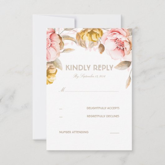 Gold en Blush Flower Waterverf Wedding RSVP Kaart (Voorkant)
