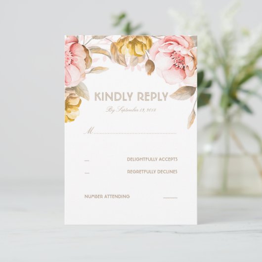 Gold en Blush Flower Waterverf Wedding RSVP Kaart (Staand voorkant)