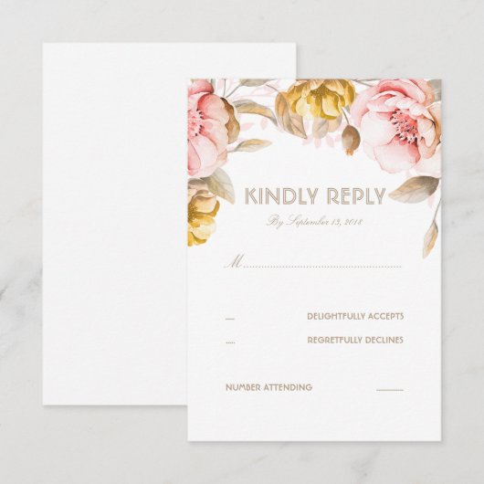Gold en Blush Flower Waterverf Wedding RSVP Kaart (Voorkant / Achterkant)
