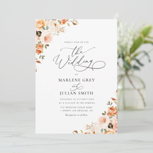 Gold en Blush herfst Bloemen bruiloft uitnodiging (Staand voorkant)