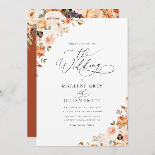 Gold en Blush herfst Bloemen bruiloft uitnodiging (Voorkant / Achterkant)