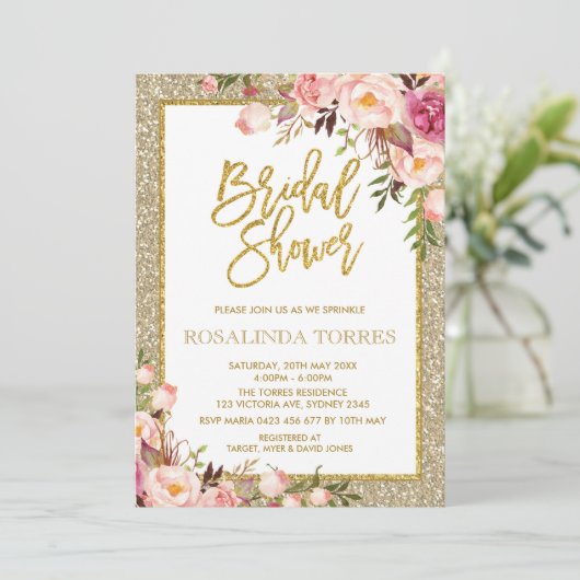 Gold en Blush Rozen Bridal Wedding Shower Kaart (Staand voorkant)