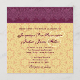 Gold en Bourgogne Damask Monogram Wedding V30 Kaart