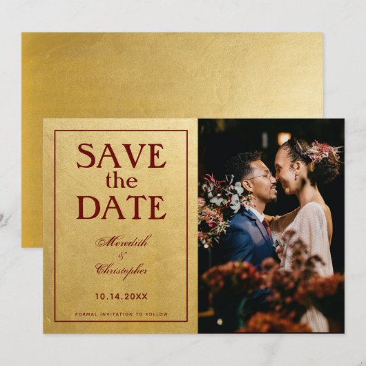 Gold- en Bourgogne-fotohuwelijk Save The Date (Voorkant / Achterkant)