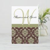 Gold en Brown Damask Monogram Wedding Uitnodiging (Staand voorkant)