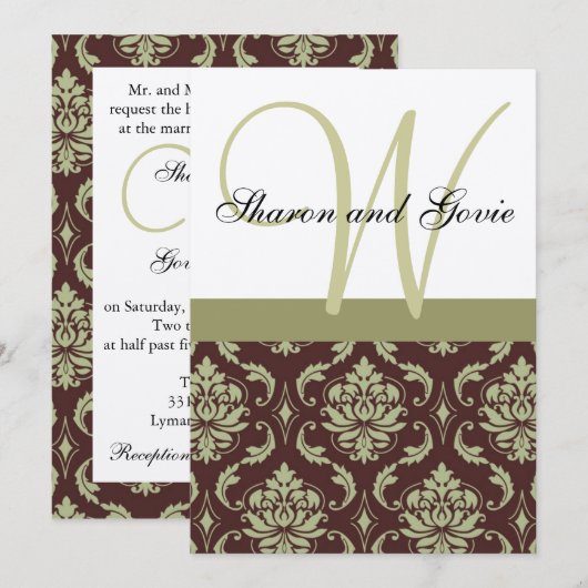 Gold en Brown Damask Monogram Wedding Uitnodiging (Voorkant / Achterkant)