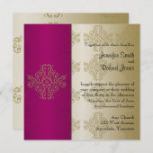 Gold en Burgundy Damask Posh Wedding Invitation Kaart (Voorkant / Achterkant)