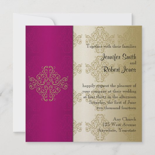 Gold en Burgundy Damask Posh Wedding Invitation Kaart (Voorkant)