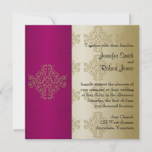 Gold en Burgundy Damask Posh Wedding Invitation Kaart
