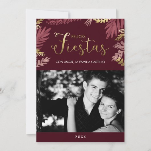 Gold en Burgundy Felices Fiestas Holiday Card (Voorkant)