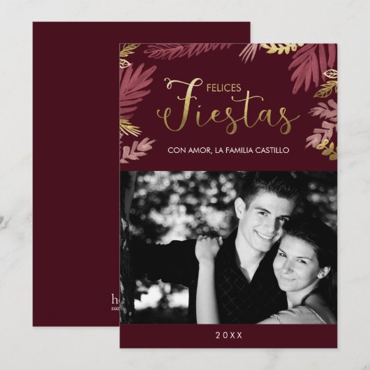 Gold en Burgundy Felices Fiestas Holiday Card (Voorkant / Achterkant)