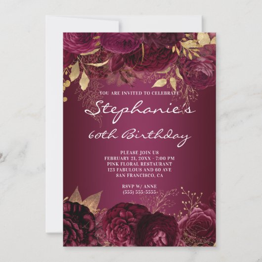 Gold en Burgundy Floral Ombre 60th Birthday Kaart (Voorkant)