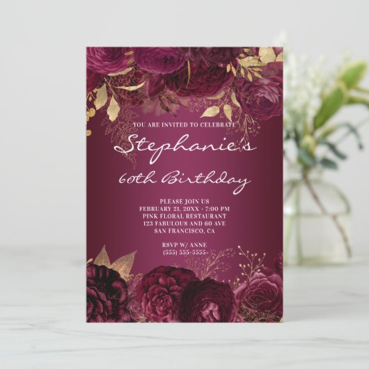 Gold en Burgundy Floral Ombre 60th Birthday Kaart (Staand voorkant)