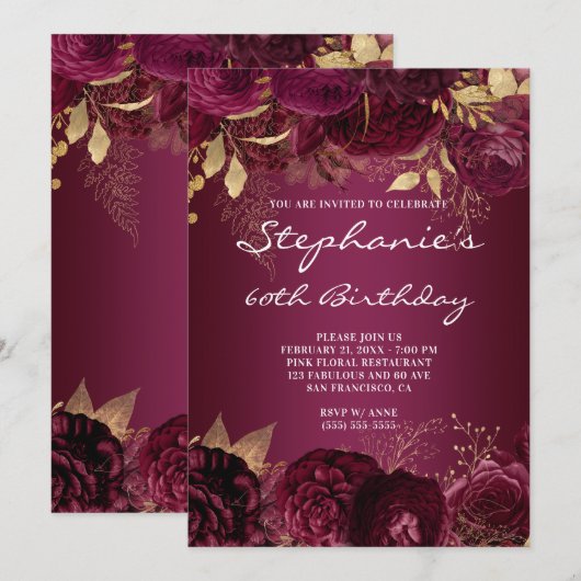 Gold en Burgundy Floral Ombre 60th Birthday Kaart (Voorkant / Achterkant)