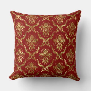 Gold en Crimson Red Floral Damask Kussen