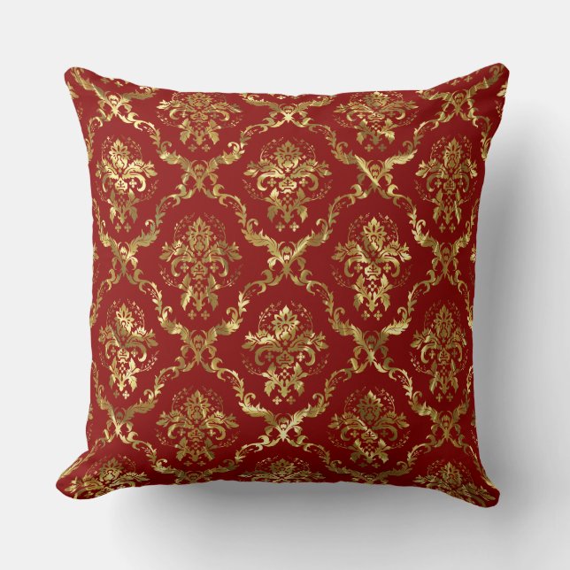 Gold en Crimson Red  Floral Damask Kussen (Voorkant)