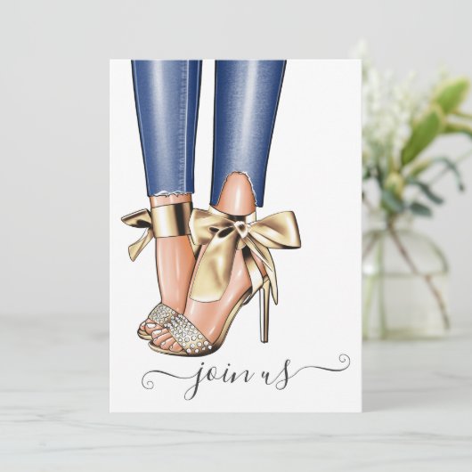 Gold en Denim Fashionista Bachelorette Invitation Kaart (Staand voorkant)