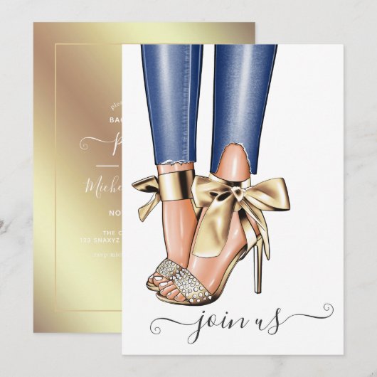 Gold en Denim Fashionista Bachelorette Invitation Kaart (Voorkant / Achterkant)