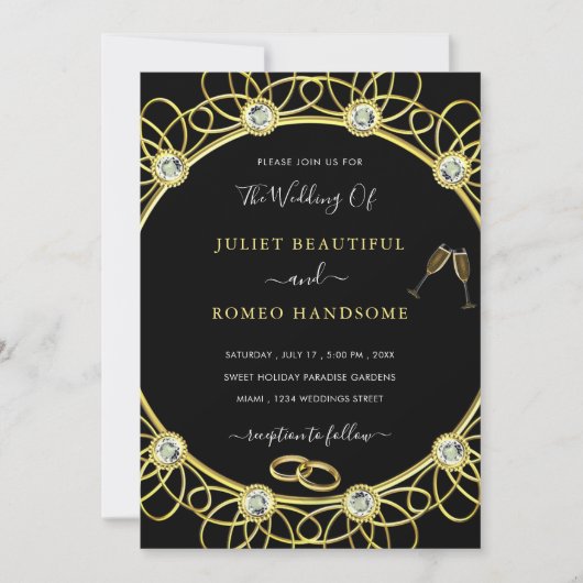 Gold en Diamonds Elegant Black Wedding Invitation (Voorkant)