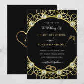 Gold en Diamonds Elegant Black Wedding Invitation (Voorkant / Achterkant)